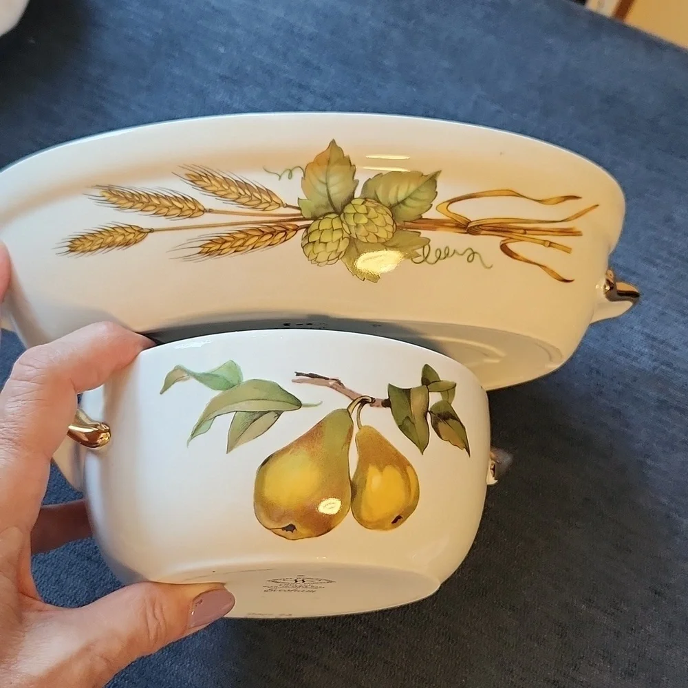 Set of 2 Vtg Royal Worcester Evesham Casserole Dish w/lids Fruits & Veg Prints
